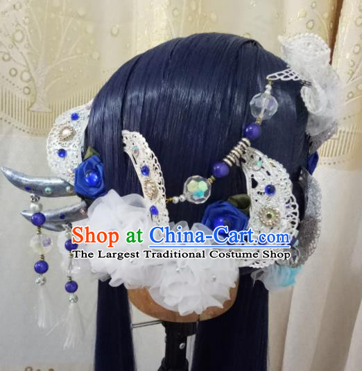 Chinese Cosplay Female Swordsman Deep Blue Wigs Ancient Fairy Princess Hair Chignon and Accessories for Women