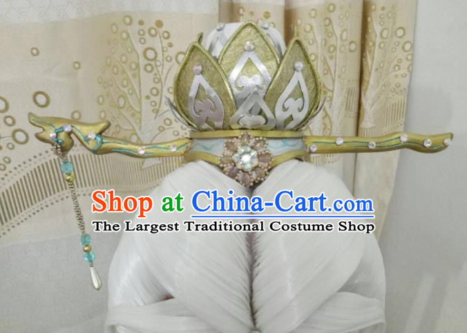 Custom Chinese Cosplay Taoist White Wigs Ancient Swordsman Hair Chignon and Accessories for Men