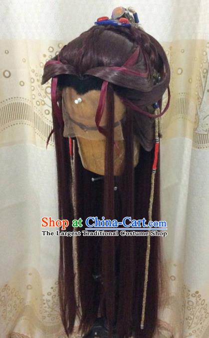 Custom Chinese Cosplay Young Man Brown Wigs Ancient Swordsman Hair Chignon and Accessories for Men