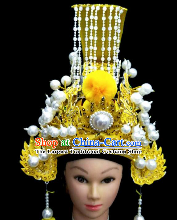 Chinese Traditional Peking Opera Yellow Hat Handmade Ancient Emperor Headwear for Men