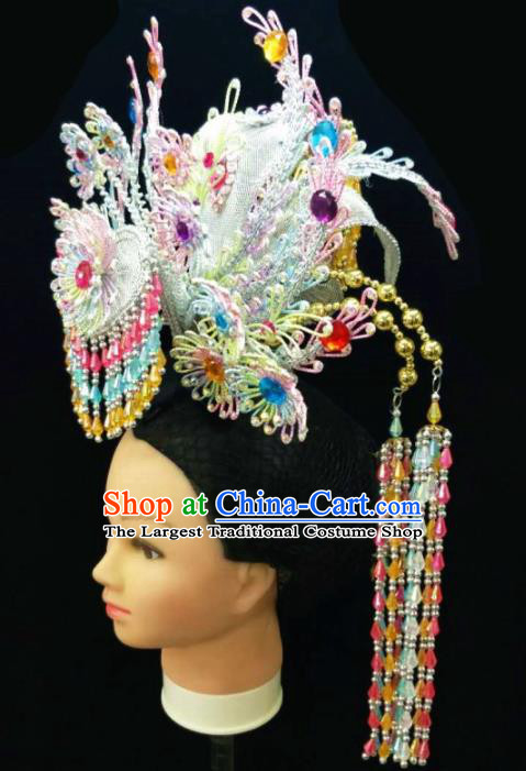 Chinese Traditional Peking Opera Queen Blue Phoenix Coronet Hairpins Handmade Beijing Opera Diva Hair Accessories for Women