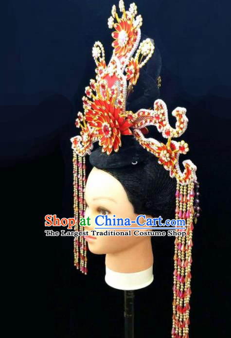 Chinese Traditional Peking Opera Queen Red Lotus Phoenix Coronet Hairpins Handmade Beijing Opera Diva Hair Accessories for Women