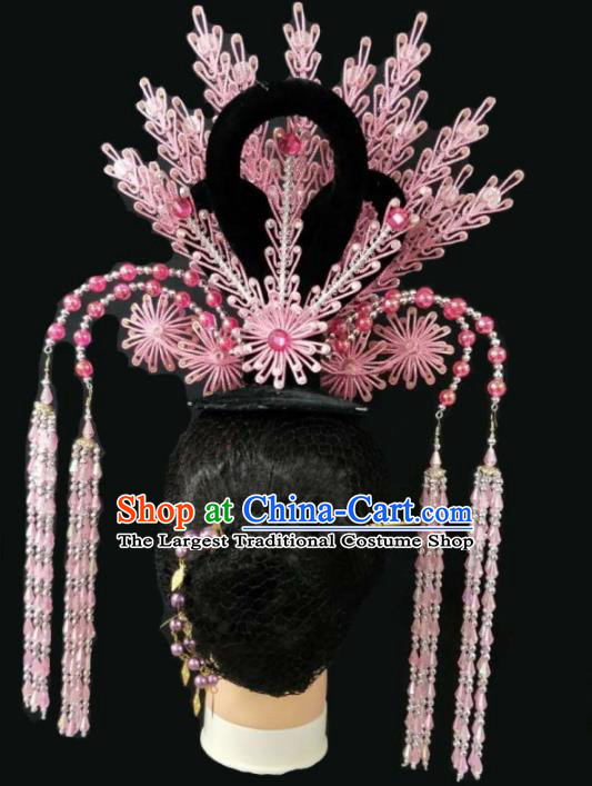Chinese Traditional Peking Opera Queen Pink Phoenix Crown Hairpins Handmade Beijing Opera Diva Hair Accessories for Women