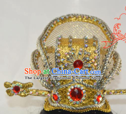 Chinese Traditional Peking Opera Scholar Golden Hairpin Hair Crown Handmade Ancient Royal Prince Headwear for Men