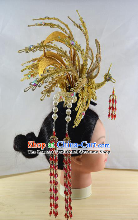 Chinese Traditional Peking Opera Princess Golden Phoenix Crown Handmade Ancient Court Lady Hair Accessories for Women