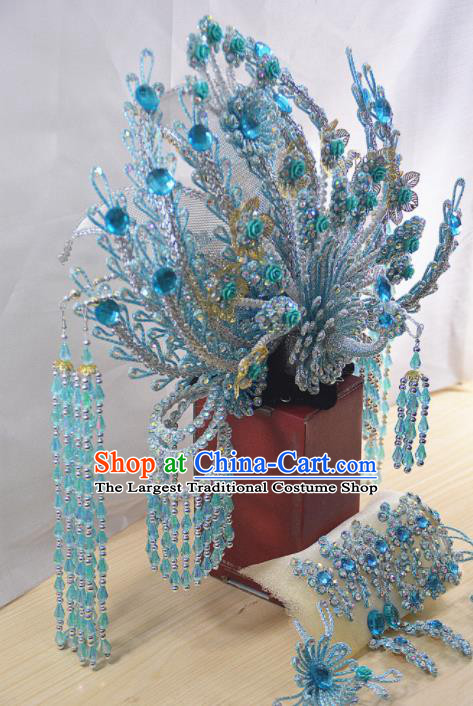 Chinese Traditional Peking Opera Queen Blue Beads Tassel Phoenix Crown Handmade Ancient Court Lady Hair Accessories for Women