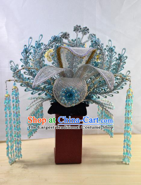 Chinese Traditional Peking Opera Queen Blue Beads Tassel Phoenix Crown Handmade Ancient Court Lady Hair Accessories for Women