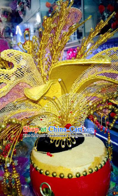 Chinese Traditional Peking Opera Diva Golden Phoenix Crown Handmade Ancient Court Lady Hair Accessories for Women
