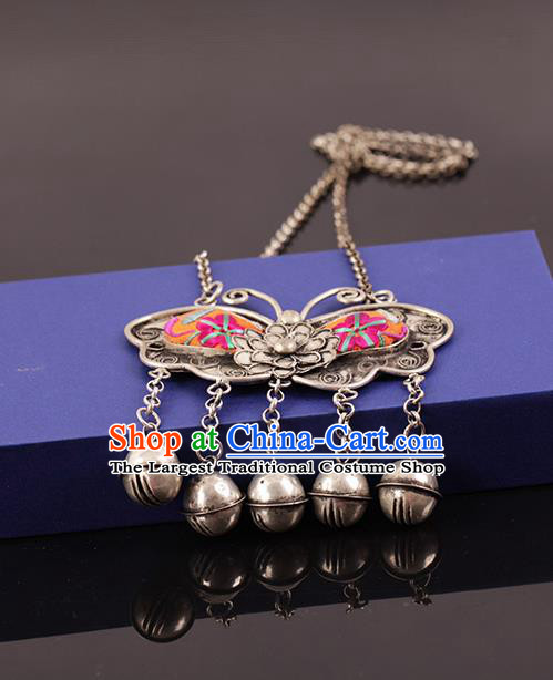 Chinese Traditional Miao Nationality Pink Butterfly Necklace Handmade Ethnic Silver Necklet Accessories for Women