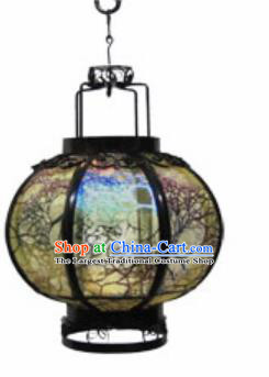 Chinese Classical Olive Green Gauze Round Palace Lantern Traditional Handmade Ironwork Ceiling Lamp