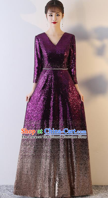 Top Grade Compere Deep Purple Sequins Full Dress Annual Gala Stage Show Chorus Costume for Women