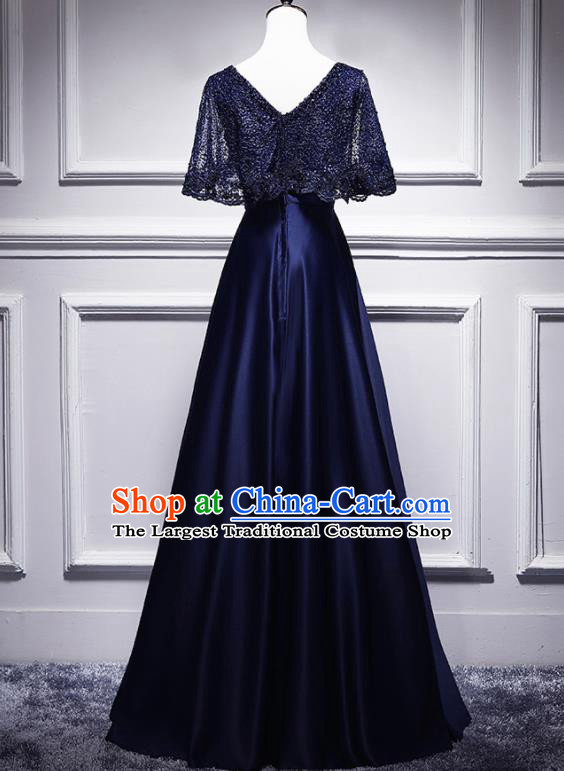 Top Grade Compere Navy Lace Satin Full Dress Annual Gala Stage Show Chorus Costume for Women