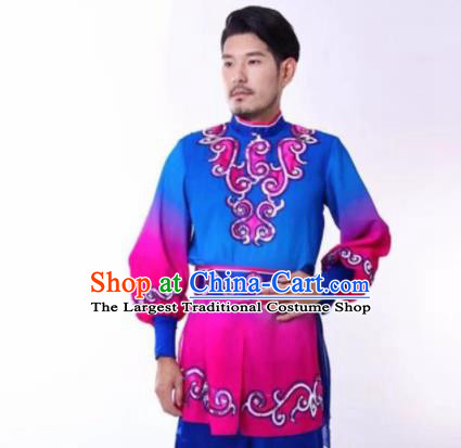 Chinese Traditional Uyghur Nationality Embroidered Blue Clothing Xinjiang Ethnic Folk Dance Costume for Men