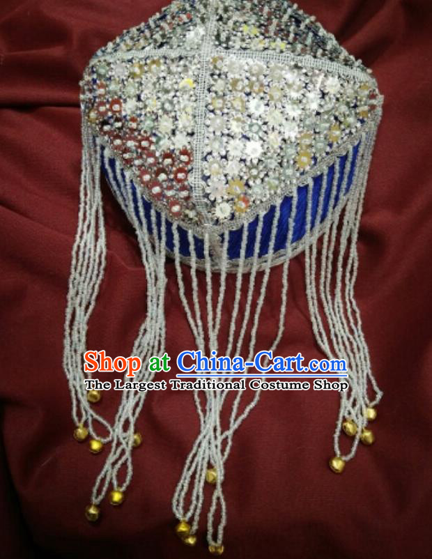 Chinese Traditional Uyghur Nationality Argent Sequins Tassel Blue Hat Ethnic Folk Dance Stage Show Headwear for Women