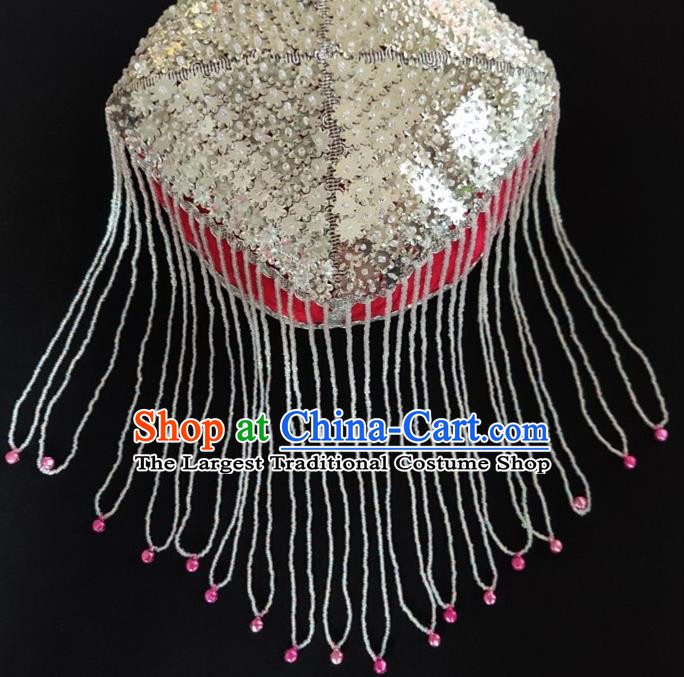Chinese Traditional Uyghur Nationality Argent Sequins Tassel Red Hat Ethnic Folk Dance Stage Show Headwear for Women
