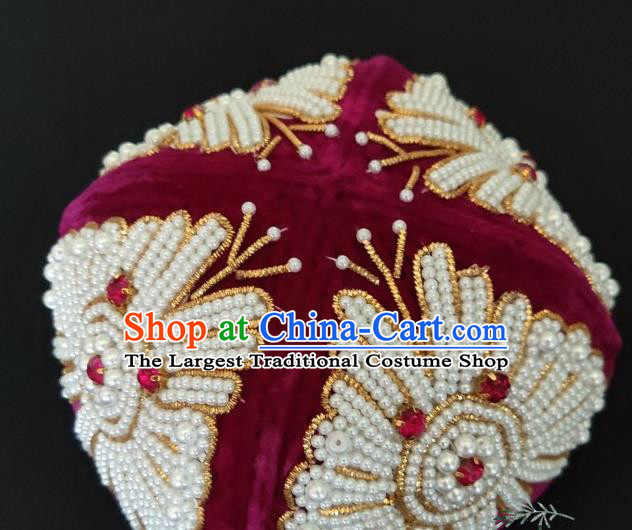Chinese Traditional Uyghur Nationality Embroidered Beads Rosy Hat Ethnic Folk Dance Stage Show Headwear for Women