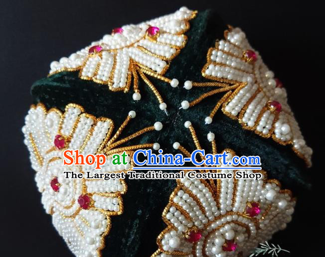 Chinese Traditional Uyghur Nationality Embroidered Beads Atrovirens Hat Ethnic Folk Dance Stage Show Headwear for Women