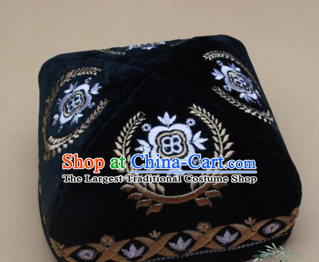 Chinese Traditional Uyghur Nationality Folk Dance Embroidered Atrovirens Velvet Hat Ethnic Xinjiang Stage Show Headwear for Men