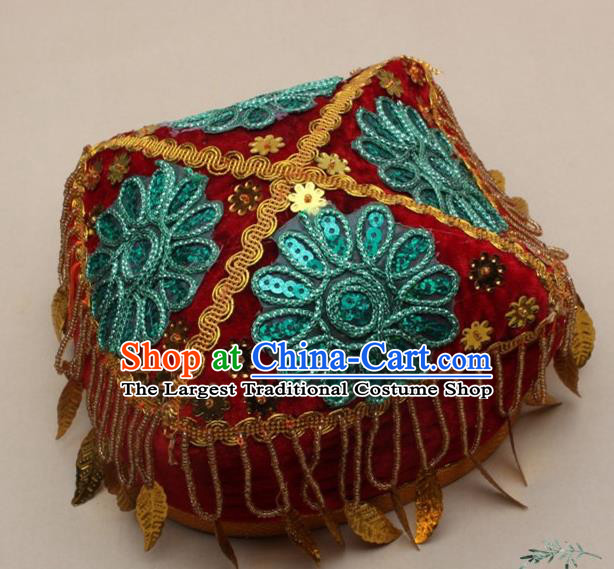 Chinese Traditional Uyghur Nationality Girls Embroidered Blue Flowers Hat Ethnic Folk Dance Stage Show Headwear for Kids