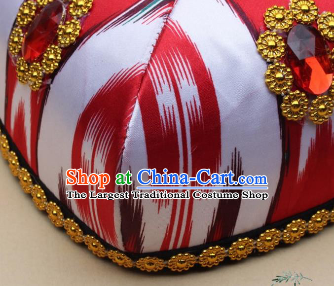 Chinese Traditional Uyghur Nationality Girls Red Ribbon Hat Ethnic Folk Dance Stage Show Headwear for Kids