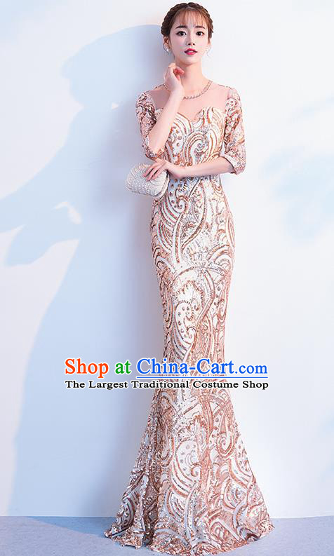 Top Grade Compere Golden Full Dress Annual Gala Stage Show Costume for Women
