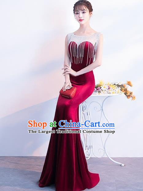 Top Grade Compere Wine Red Velvet Full Dress Annual Gala Stage Show Costume for Women