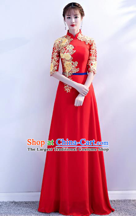 Top Grade Compere Embroidered Red Qipao Dress Annual Gala Stage Show Chorus Costume for Women