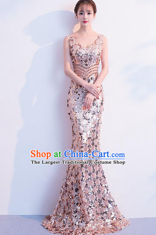 Top Grade Compere Champagne Sequins Full Dress Annual Gala Stage Show Costume for Women