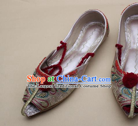 Asian India Traditional National Embroidered Silver Gray Shoes Handmade Indian Folk Dance Shoes for Women