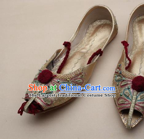 Asian India Traditional National Embroidered Golden Shoes Handmade Indian Folk Dance Shoes for Women