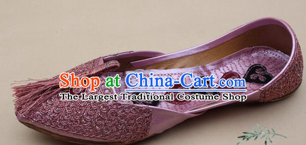 Asian Nepal National Handmade Pink Embroidered Shoes Indian Traditional Folk Dance Leather Shoes for Women