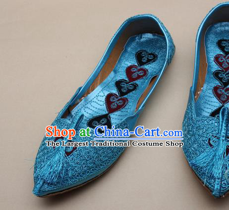 Asian Nepal National Handmade Blue Embroidered Shoes Indian Traditional Folk Dance Leather Shoes for Women