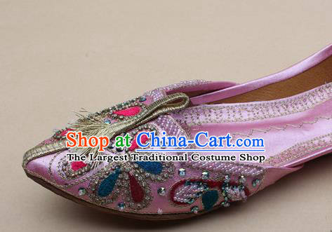 Asian Nepal National Handmade Embroidered Pink Shoes Indian Traditional Folk Dance Leather Shoes for Women