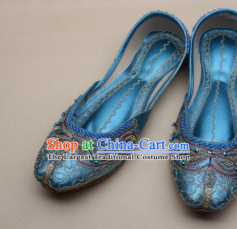 Asian Nepal National Handmade Beaded Blue Leather Shoes Indian Traditional Folk Dance Shoes for Women