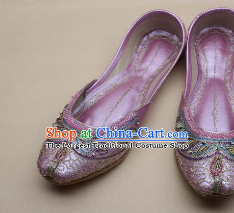Asian Nepal National Handmade Beaded Pink Leather Shoes Indian Traditional Folk Dance Shoes for Women