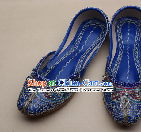 Asian Nepal National Handmade Beaded Deep Blue Leather Shoes Indian Traditional Folk Dance Shoes for Women