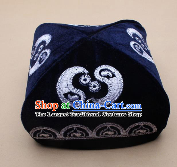 Chinese Traditional Uyghur Minority Dance Embroidered Navy Hat Xinjiang Ethnic Headwear for Men