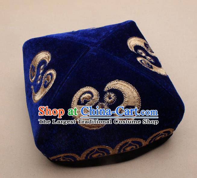Chinese Traditional Uyghur Minority Dance Embroidered Royalblue Velvet Hat Xinjiang Ethnic Headwear for Men