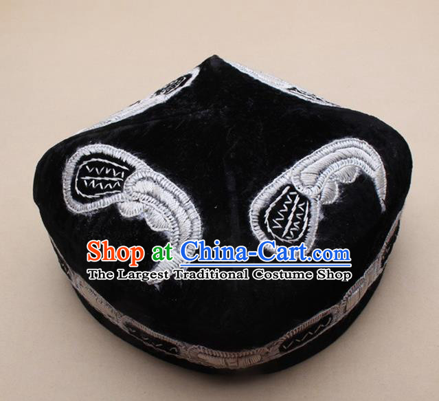 Chinese Traditional Uyghur Minority Dance Black Embroidered Hat Xinjiang Ethnic Headwear for Men