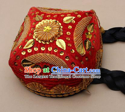 Handmade Chinese Traditional Uyghur Minority Dance Red Hat Ethnic Nationality Headwear for Women