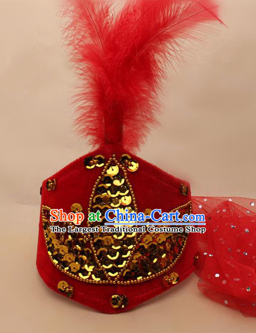 Chinese Traditional Xinjiang Ethnic Dance Red Feather Hat Uyghur Minority Nationality Headwear for Women