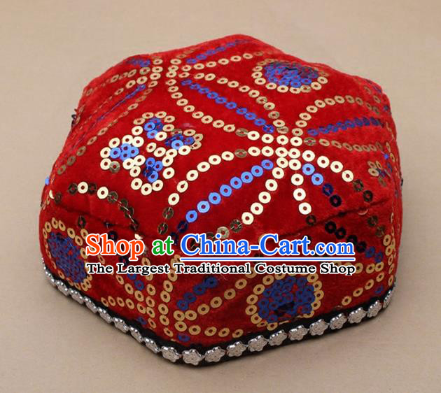 Chinese Traditional Xinjiang Ethnic Dance Hexagon Red Hat Uyghur Minority Nationality Headwear for Kids