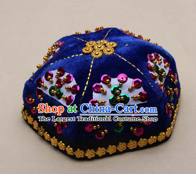 Chinese Traditional Xinjiang Ethnic Dance Paillette Royalblue Hexagon Hat Uyghur Minority Nationality Headwear for Kids