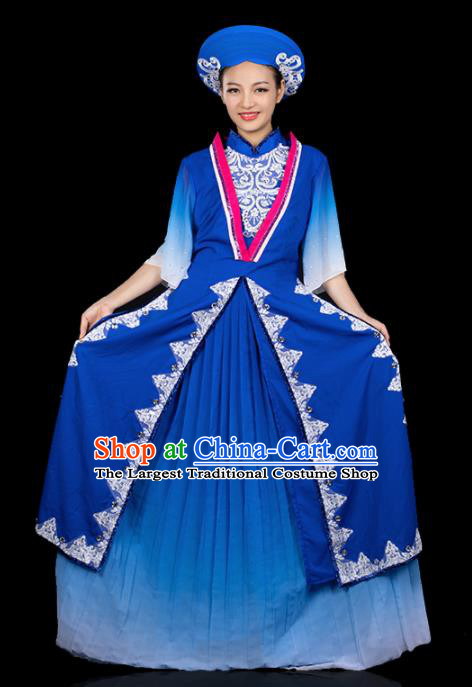 Traditional Chinese Jing Nationality Ha Festival Deep Blue Dress Ethnic Folk Dance Stage Show Costume for Women