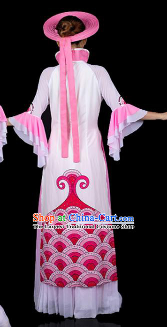 Traditional Chinese Jing Nationality Stand Collar Pink Dress Ethnic Ha Festival Folk Dance Stage Show Costume for Women