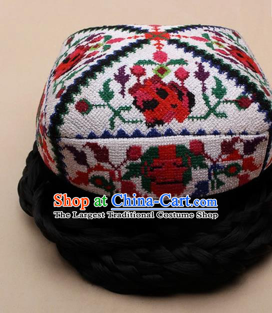Chinese Traditional Uyghur Minority Embroidered Rose White Hat Ethnic Nationality Folk Dance Stage Show Headwear for Women