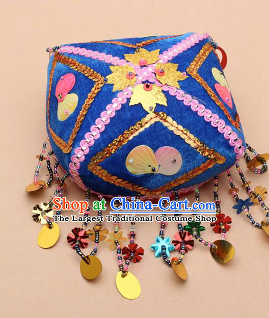 Chinese Traditional Uyghur Minority Handmade Paillette Blue Hat Ethnic Nationality Folk Dance Stage Show Headwear for Women