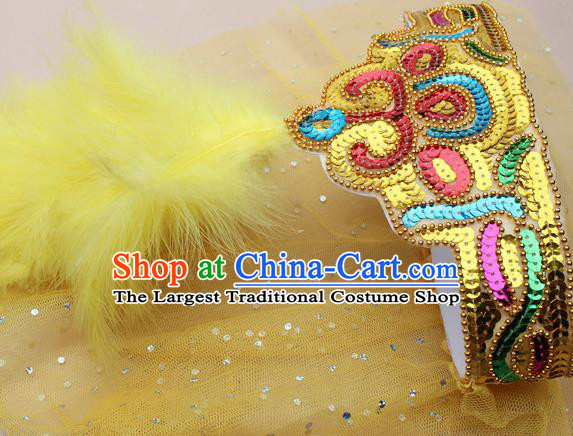 Handmade Chinese Traditional Uyghur Minority Yellow Feather Hat Ethnic Nationality Folk Dance Headwear for Women