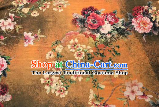 Asian Chinese Traditional Peony Pattern Design Ginger Gambiered Guangdong Gauze Fabric Silk Material
