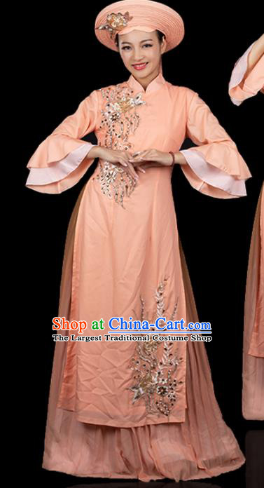 Traditional Chinese Jing Nationality Apricot Qipao Dress Ethnic Ha Festival Folk Dance Stage Show Costume for Women